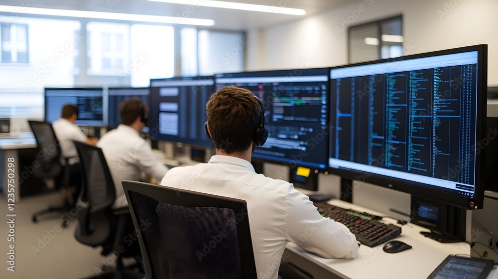 Aufkleber auditing team reviewing regulatory data on interactive screens in high-tech office