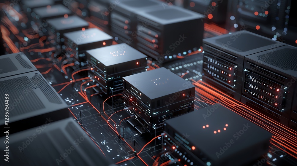Poster close-up of powerful servers with glowing lights and intricate circuits, showcasing modern computing