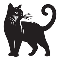 Black cat cartoon, hand-drawn. Halloween graphic image of a simple and adorable kitten silhouette.