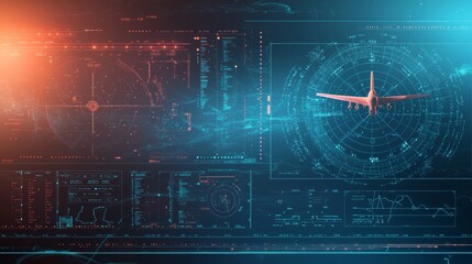 Advanced flight control interface displaying an airplane in a high-tech environment with radar and navigation data. Generative AI