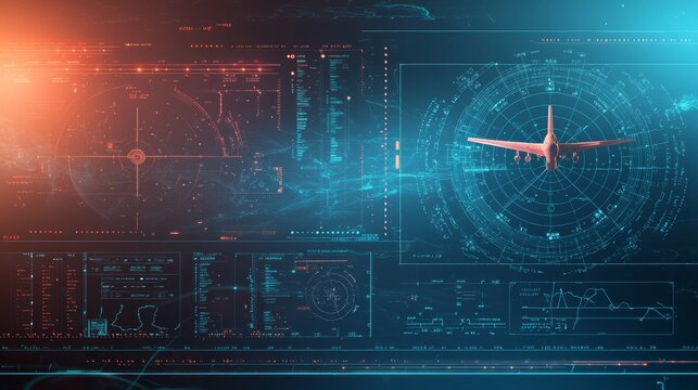 Advanced flight control interface displaying an airplane in a high-tech environment with radar and navigation data. Generative AI