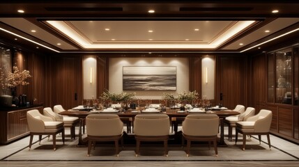 Luxurious yacht dining room, ocean view, elegant setting