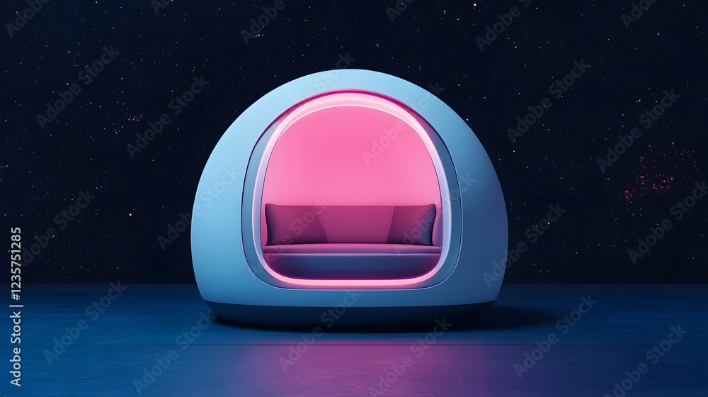 Poster futuristic floating office pod in cosmic setting symbolizing remote work