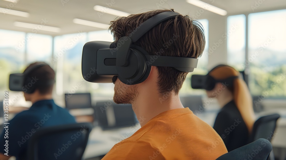 Poster dynamic tech-driven office environment showcasing virtual reality tools for productive employee