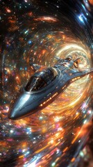 A sleek spaceship hurtling through a cosmic wormhole