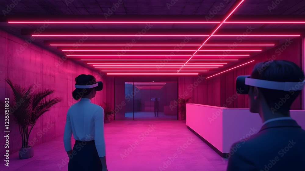 Poster dynamic virtual reality-powered office environment with neon lighting and walkway