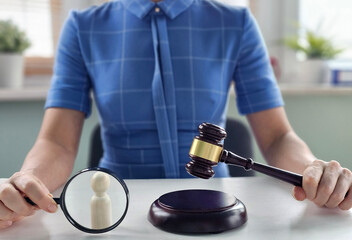 Courtroom setting features a judge gavel and magnifying glass examining a legal figure