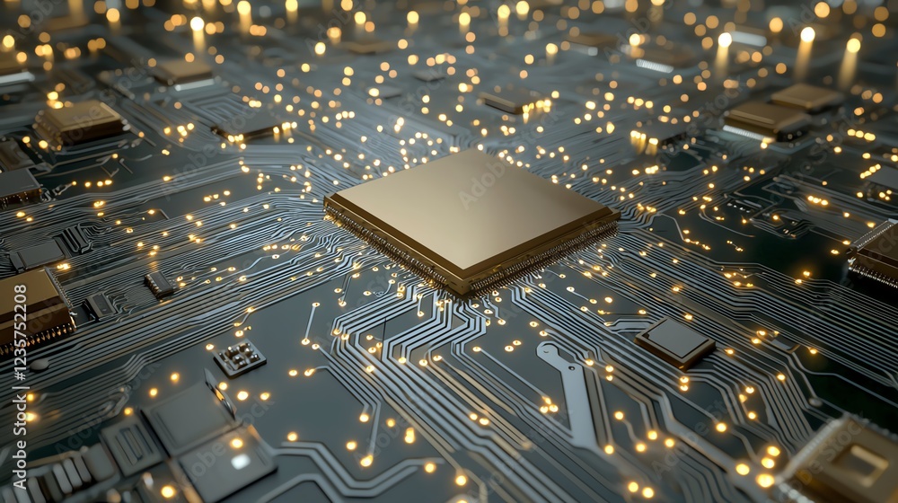 Poster close-up of a circuit board glowing with integrated microchips and interconnected pathways, futurist