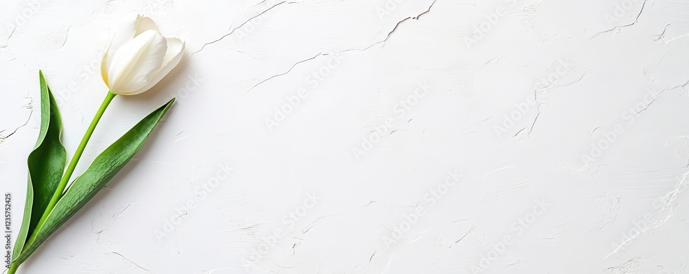 Poster top-down view of a single tulip resting diagonally, negative space on the left for branding or messa
