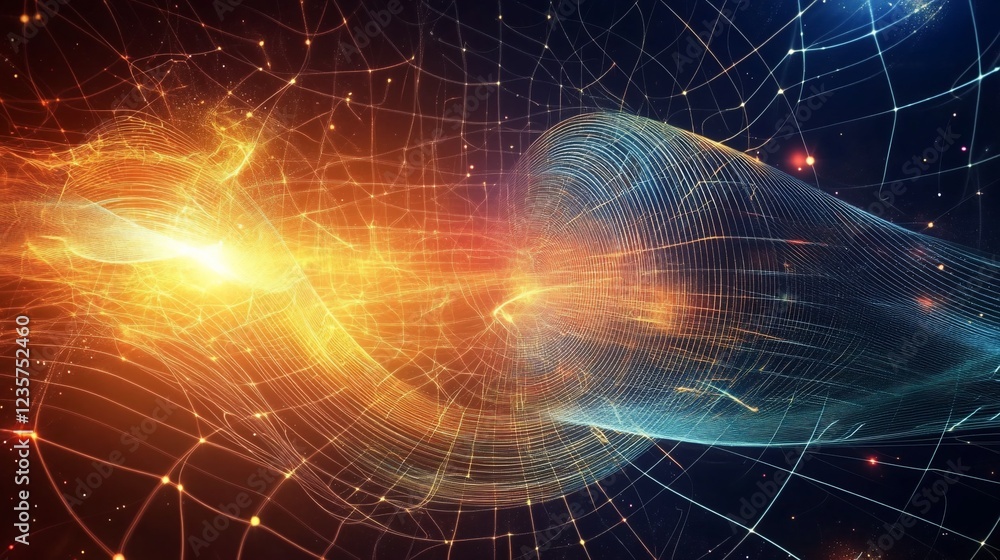 Poster abstract network of connected nodes with glowing lines and particles in vibrant color