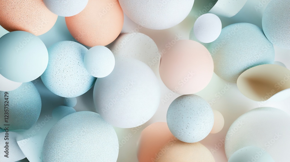 Poster abstract composition of pastel colored spheres with a soft textured surface in a clean environment