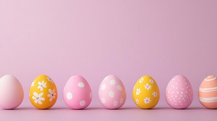 Fototapeta premium Close-up of vibrantly painted eggs with floral and geometric designs, arranged in a straight line against a soft pastel purple backdrop.