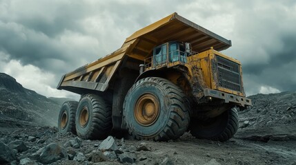A large yellow dump truck on rocky terrain under a cloudy sky, used for heavy-duty transport.