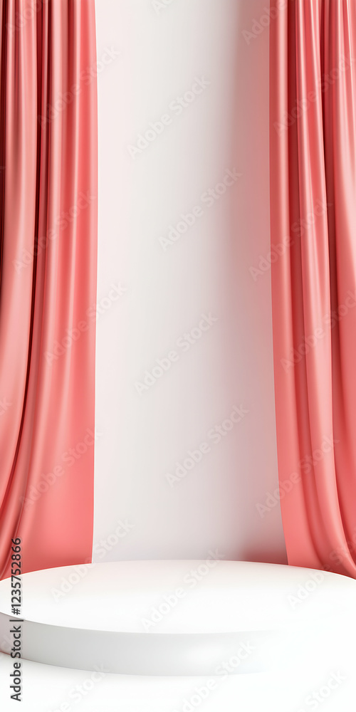 Poster a minimalistic stage featuring soft coral curtains and a circular platform