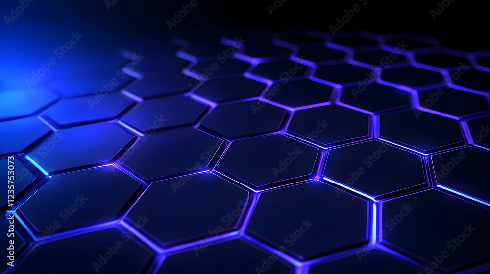 Poster a futuristic background featuring a grid of illuminated hexagons, exhibiting blue lighting that adds