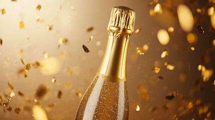 Champagne bottle with gold glitter and confetti, celebrating festive moments in style.