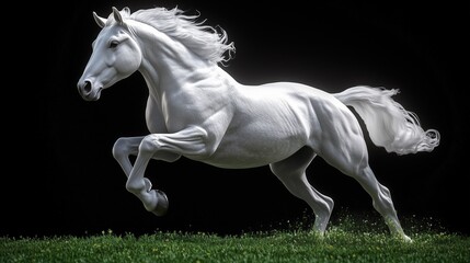 White horse running on green grass with dark background
