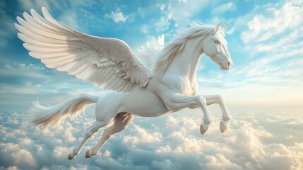 White winged unicorn flying through the clouds in a blue sky