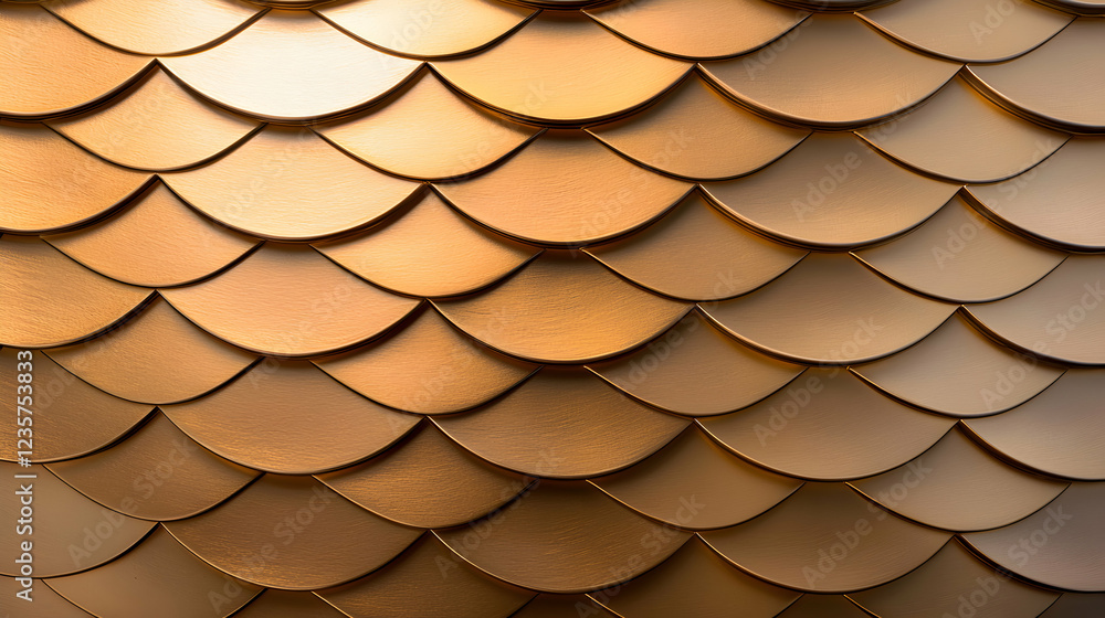 Poster a close-up view of elegant overlapping metallic scales forming a textured surface in warm golden ton