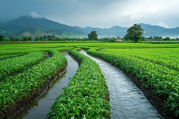 Naklejka premium Rainwater harvesting on a serene farm landscape rural area nature