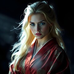 A Western beauty wearing a kimono.