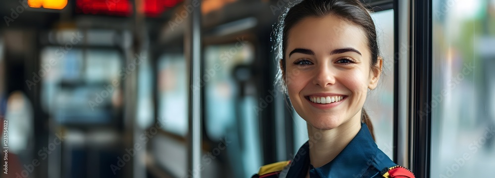 Poster a person in a bus driver uniform, smiling and standing against an empty background
