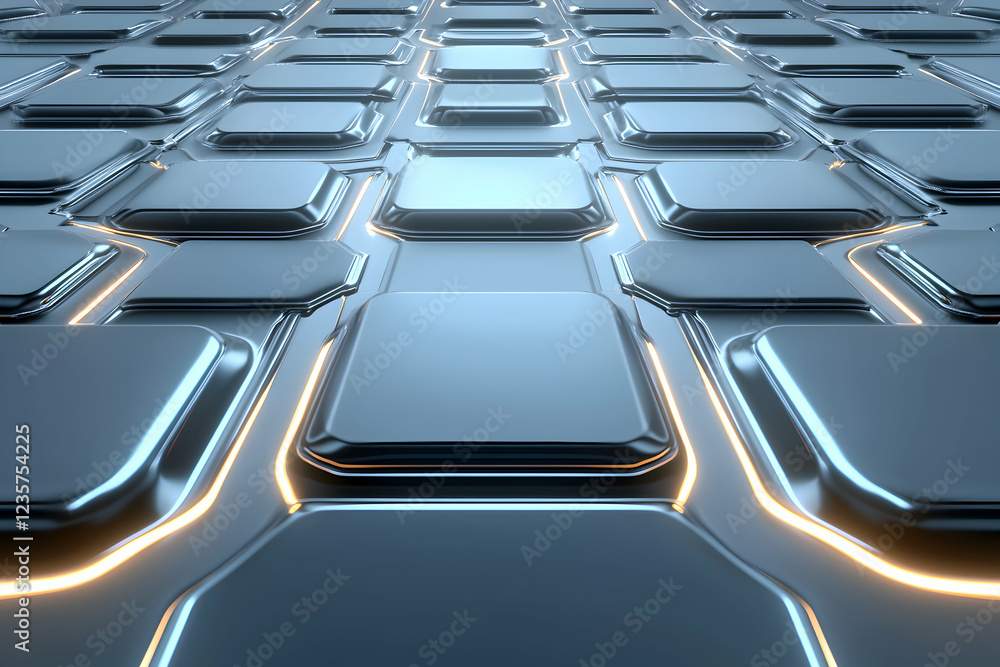 Poster a close-up view of a futuristic hexagonal tile surface, featuring sleek metallic textures and glowin