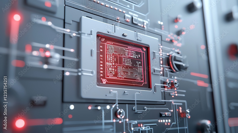 Poster close-up of futuristic circuit board with glowing red microchip and digital connections.
