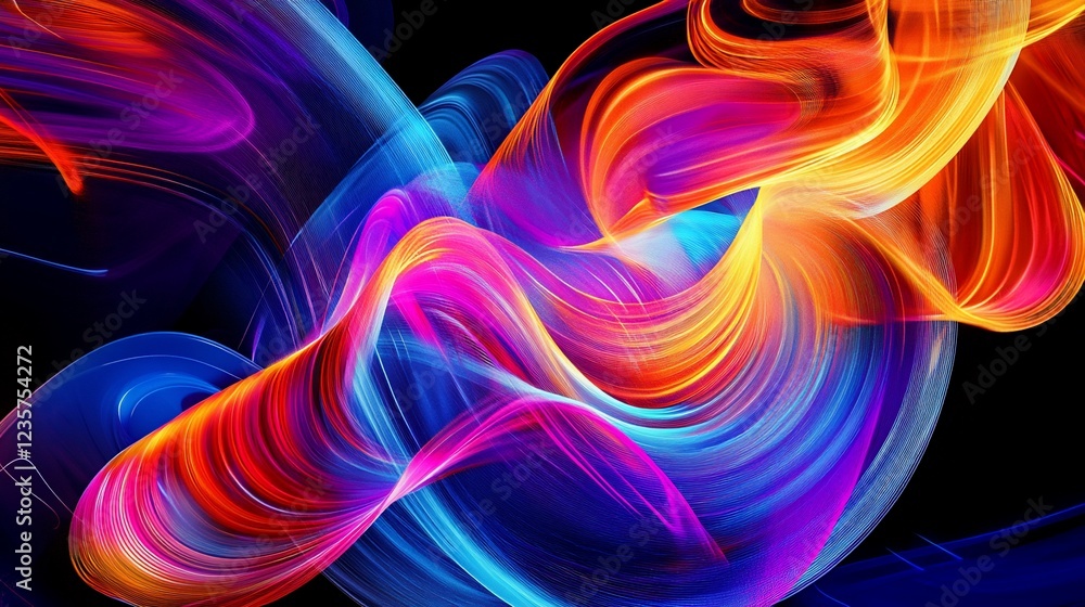 Poster abstract waves of vivid colors create a dynamic and flowing pattern against a black background