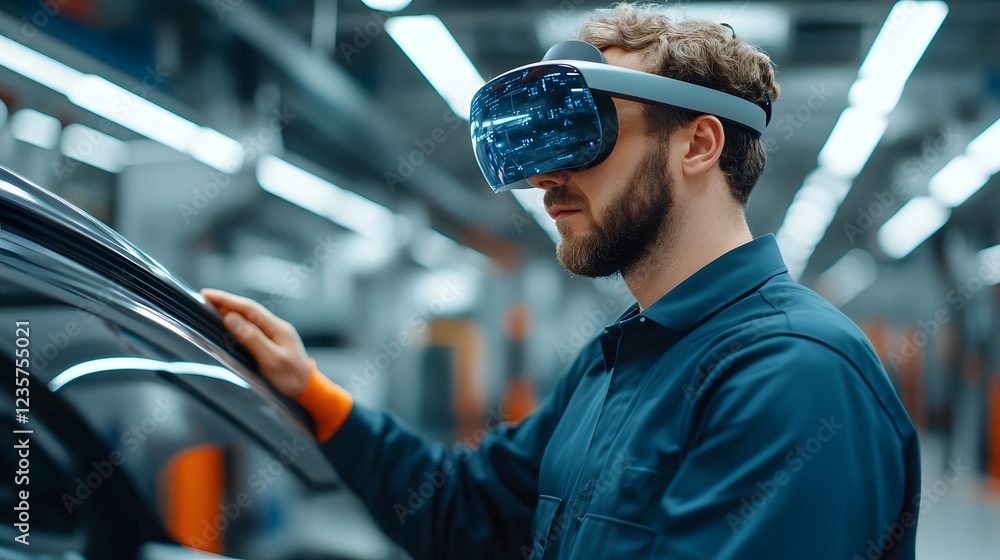 Aufkleber engineer utilizing augmented reality glasses to inspect futuristic car prototype in factory