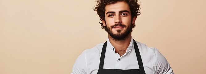 A barista in a black apron, standing against a clean cream-colored background