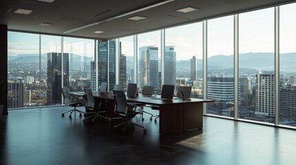 Modern office space with large windows overlooking a busy city skyline during daylight hours. Generative AI