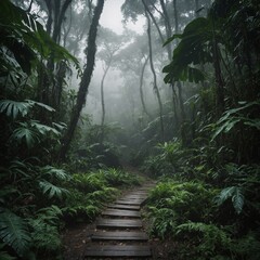 A jungle path leading into a misty white unknown.