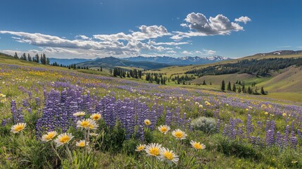 Fototapeta premium Mountain Wildflower Meadow Under Blue Sky