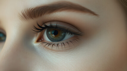 Fototapeta premium A close-up of a fashion model’s eye with a futuristic VR headset reflection, cyberpunk aesthetic, sharp clarity, ultra-realistic 8K.