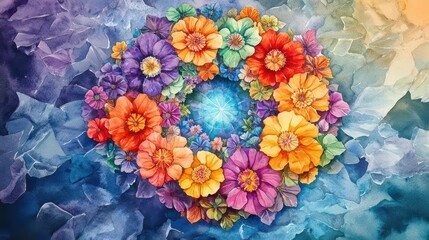 An intricate mandala made of vibrant exotic flowers floating in space, casting colorful reflections on a crystal-like surface, surreal, vibrant watercolor painting