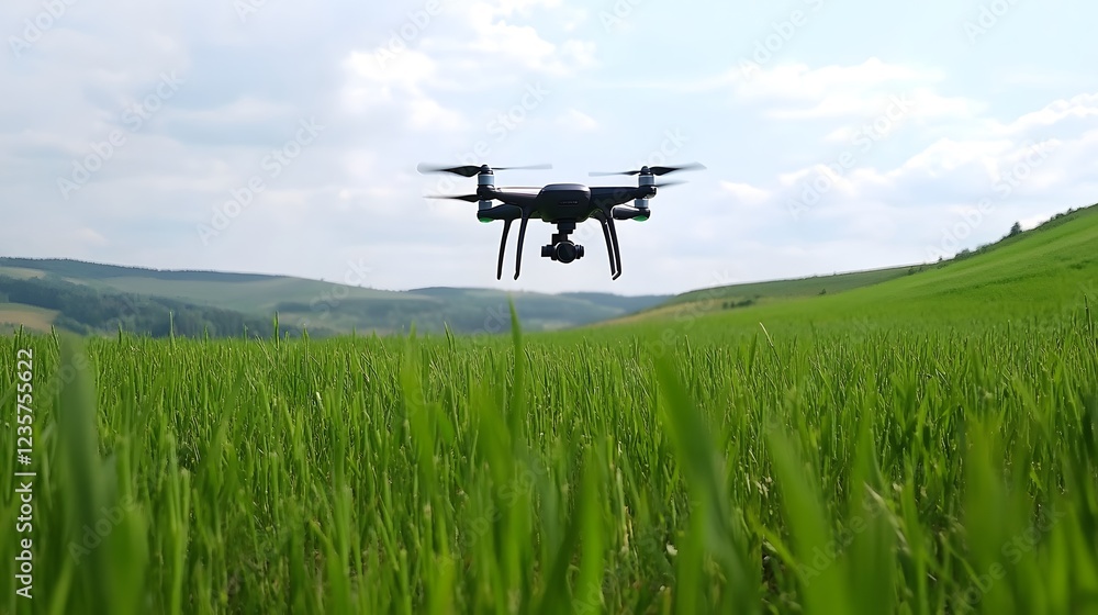 Poster drone capturing aerial data for smart precision farming on a lush green field