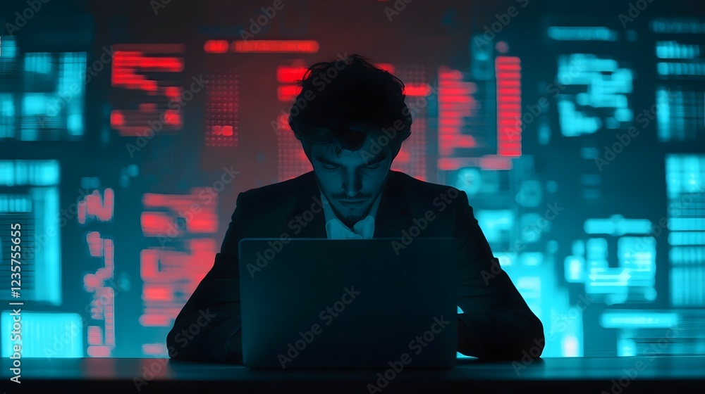 Aufkleber man working on laptop in dimly lit room surrounded by holographic data visualizations