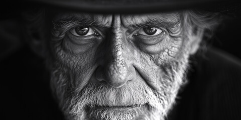 Obraz premium A high-contrast black and white portrait of an elderly man with deep wrinkles, piercing eyes, and a serious, contemplative expression. 