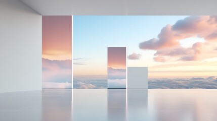 Fototapeta premium Modern gallery interior with panoramic dreamy sky views creating a serene and artistic atmosphere.