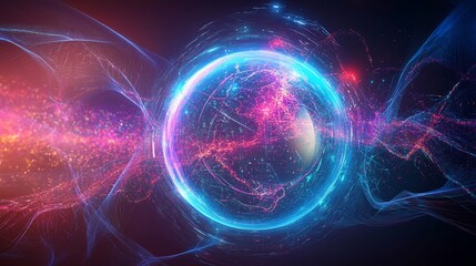 Abstract cosmic energy sphere with swirling luminous lines and glowing particles