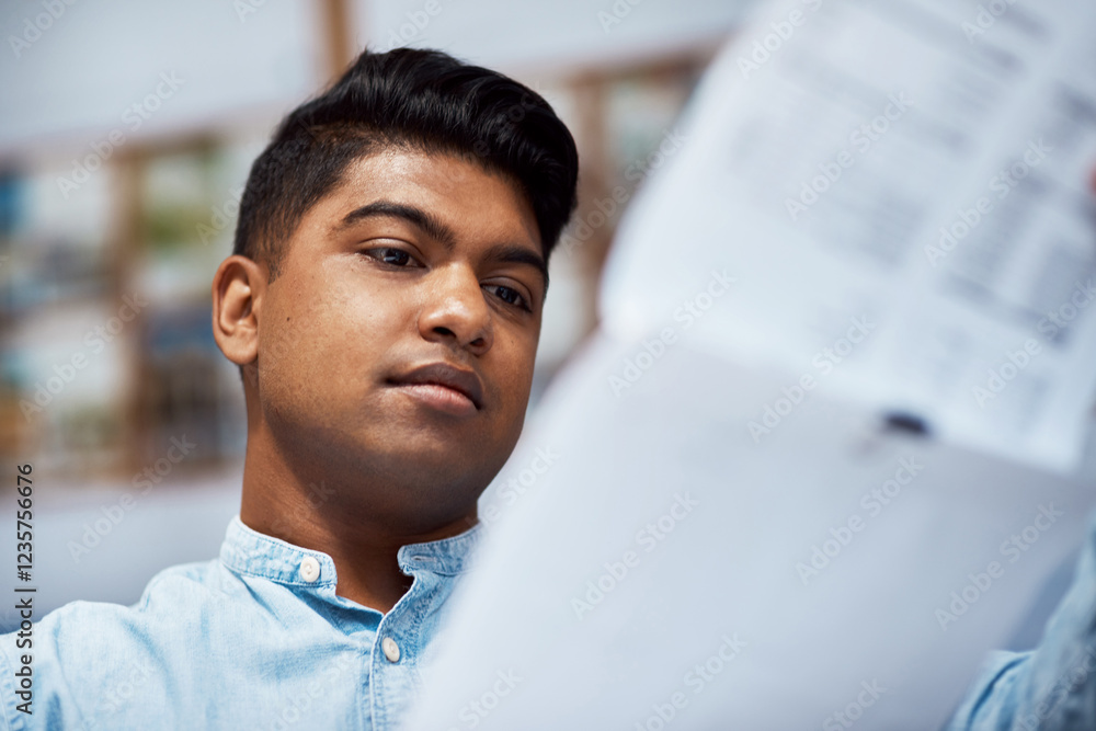 Poster Man, architect and review document in office for architecture, financial planner and project report. Male person, paperwork and expenses for real estate remodeling, property budget and proposal notes