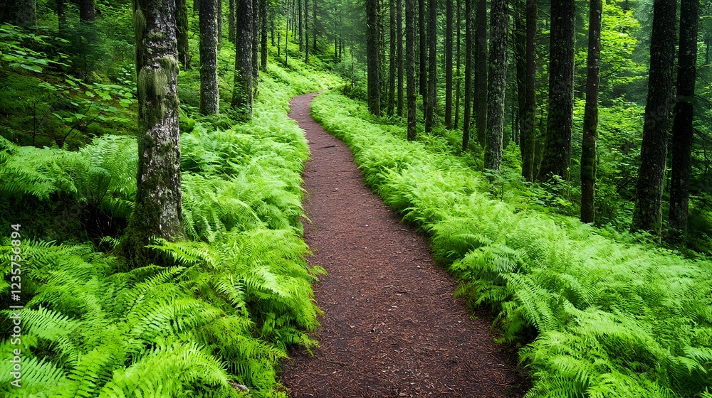 Poster forest path with sunlit trees emphasizing environmental conservation