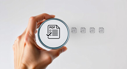 Hand Holding Magnifying Glass Focusing on PDF Document Icon - Digital Document Management and