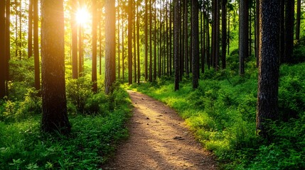 Obraz premium Serene Forest Path with Sunbeams Filtering Through Lush Foliage,Emphasizing Environmental