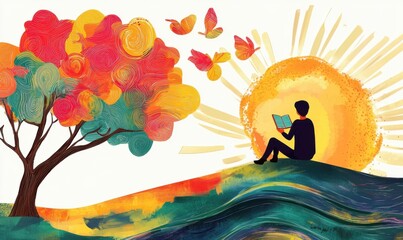 Illustration of student achieving learning goals in nature outdoors