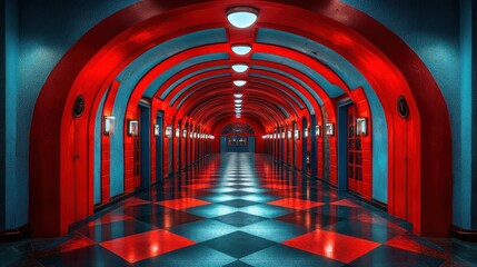 Red and Blue Arched Corridor Interior Design