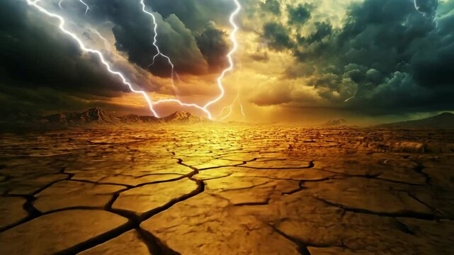 Dramatic storm clouds and lightning over a cracked, dry landscape at sunset