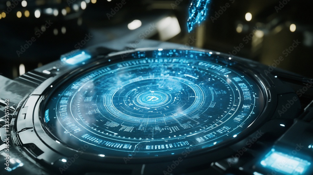 Poster futuristic circular interface with glowing blue elements and detailed circuit design