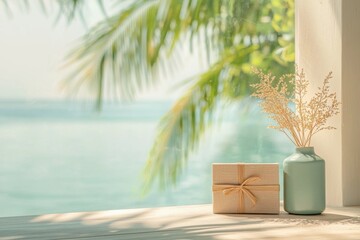 Obraz premium Showcasing beachfront products relaxed ecommerce gift subscriptions